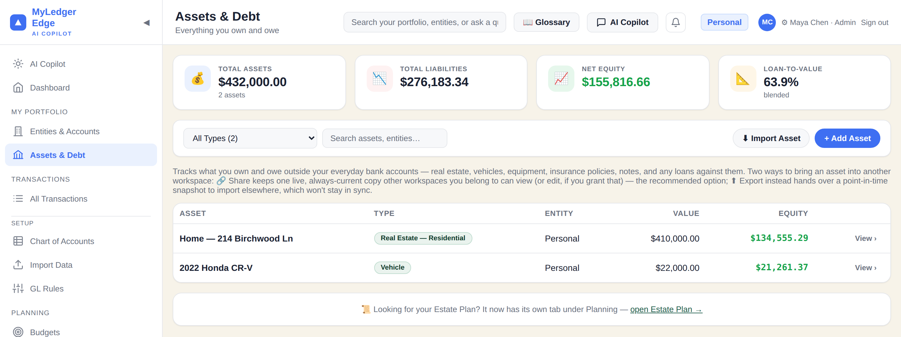 Assets & Debt page showing a home and a car, each with current value, outstanding loan balance, and equity, for the Personal workspace.