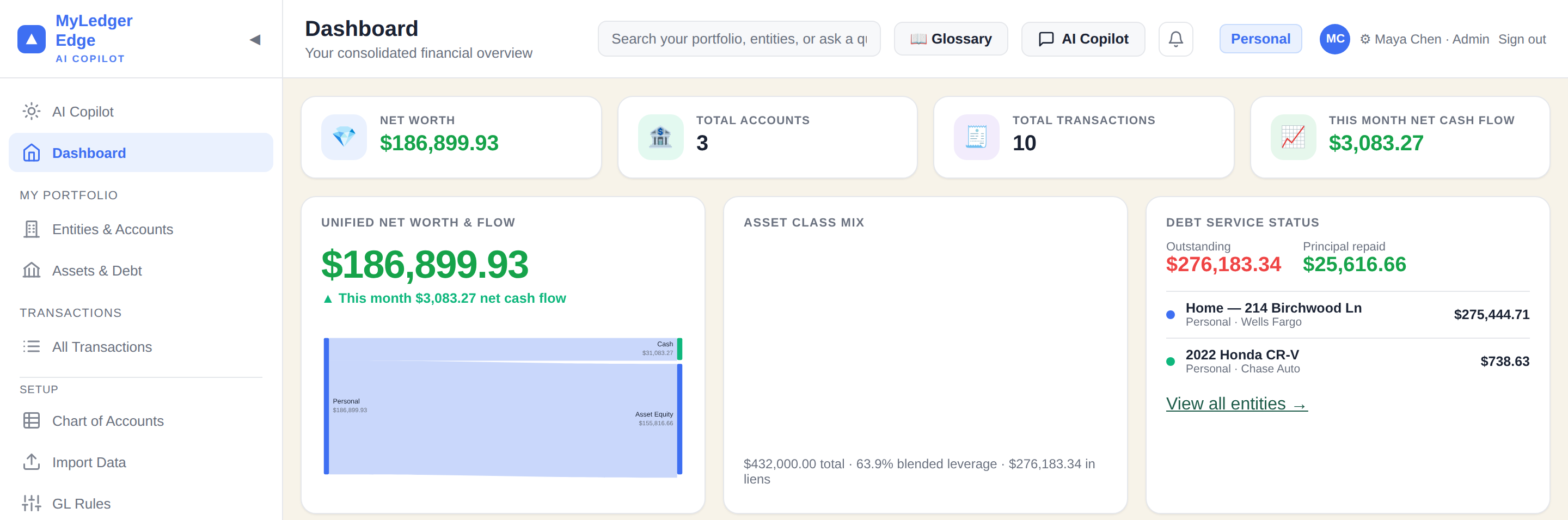 Personal dashboard showing a single 'Personal' workspace with net worth of $186,899.93, three accounts, and everyday transactions like groceries, rent, and a freelance invoice.