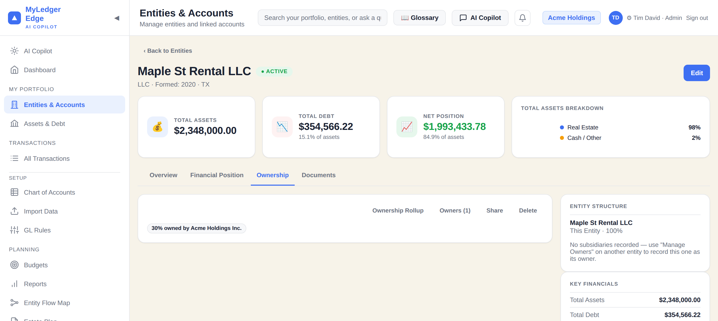 Maple St Rental LLC entity detail page, Ownership tab, showing '30% owned by Acme Holdings Inc.' with total assets, debt, and net position.